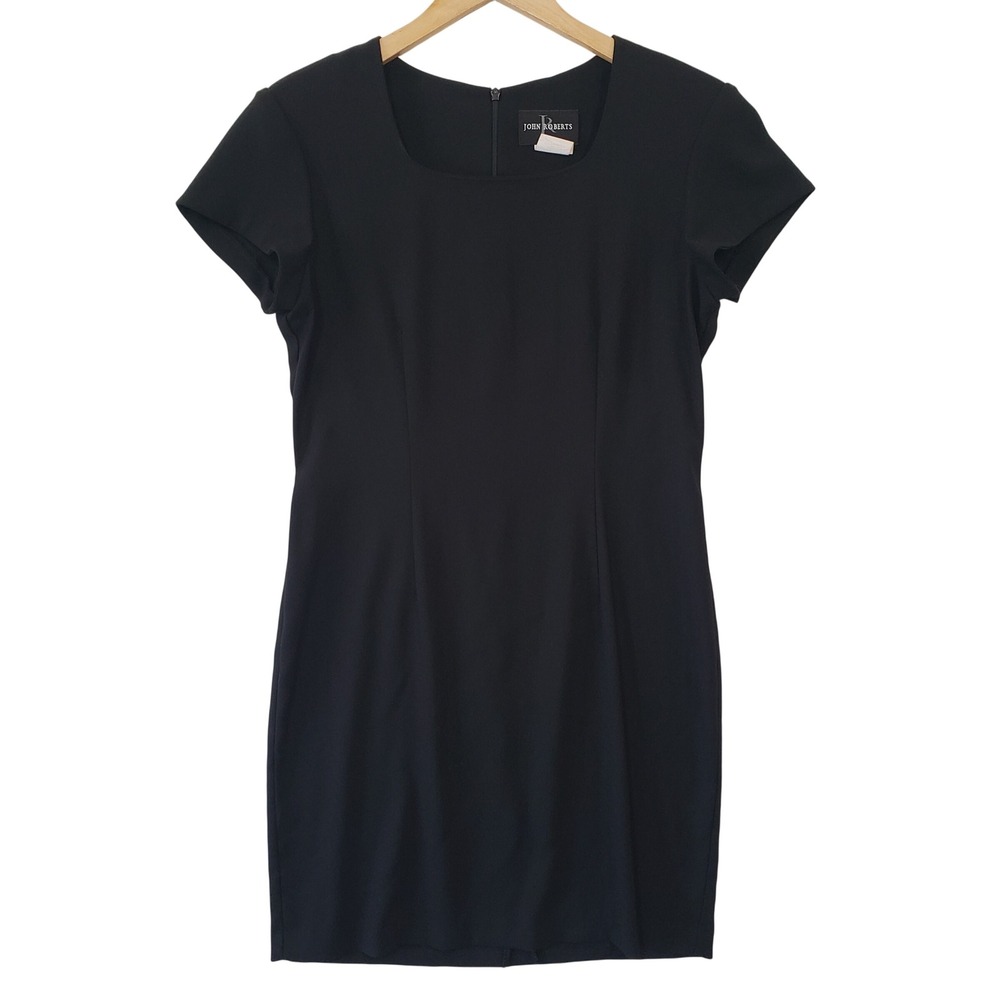 Vintage 90s John Roberts Black Sheath Dress Square Neck Short Sleeve Size 14 LBD